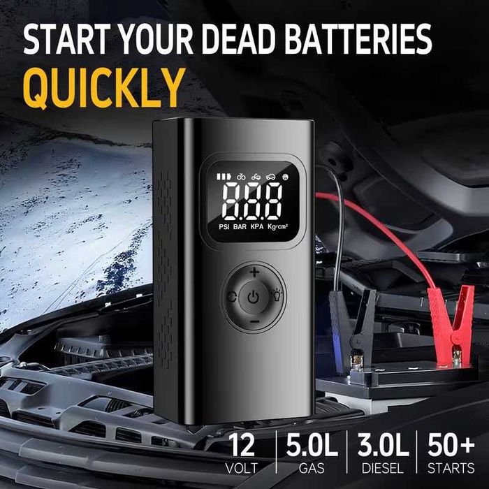 Авариен мобилен стартер (Jump Starter), компресор и външна батерия, LED светлина с 3 режима 4 в 1, различни накрайници за помпане, 5000А, 10ATM, НОВ!