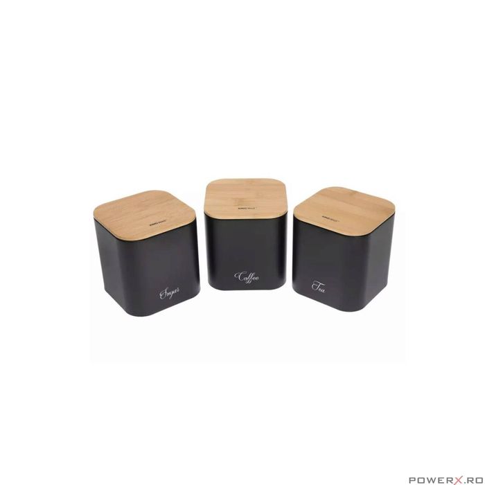 Set cutie paine si 3 recipiente pentru bucatarie, oțel-bambus, negru,