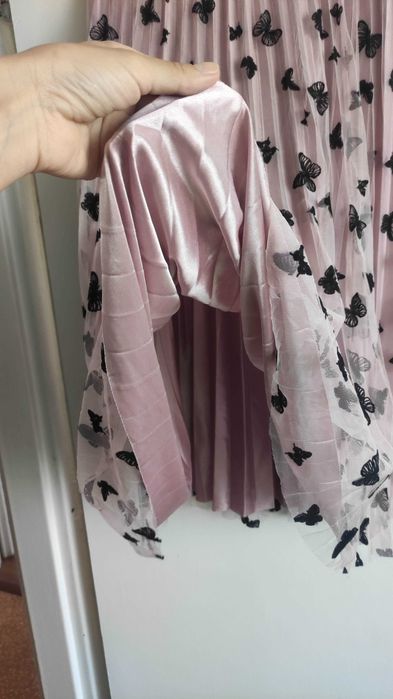 Лятна / преходна розова пола с тюл и черни пеперудки + подплата