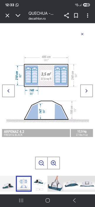 Cort camping 4 Persoane, 2 Camere, structură cu bețe ARPENAZ 4.2 Fresh