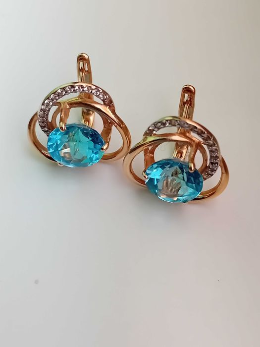 Руски златни обеци и пръстен с естествени сини топази