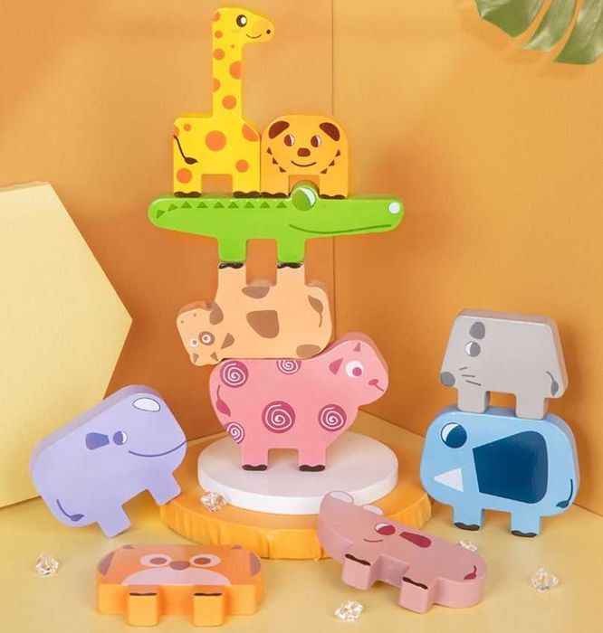 Joc Montessori de Stivuire Animale din Lemn, 10 Piese, 10 Cartonase