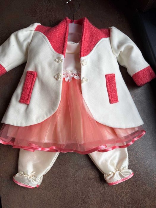 Set elegant botez fetiță (rochie + pantaloni + paltonaș)
