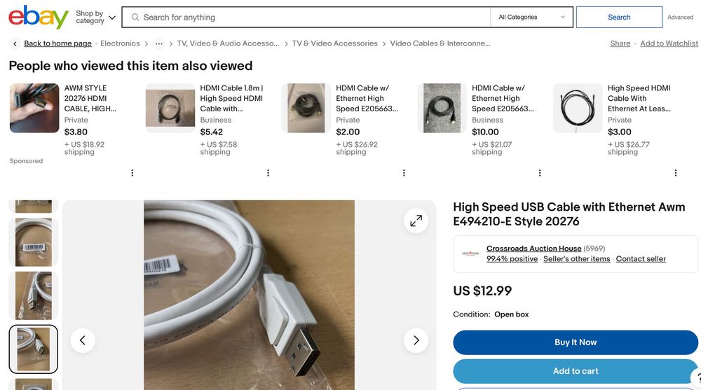 DisplayPort Cable with Ethernet Awm E494210-E Style 20276 1.5m