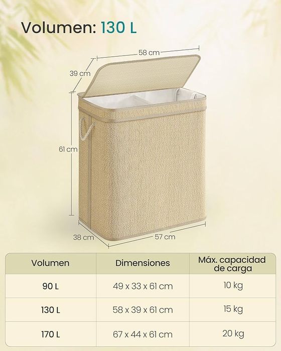 Кош за пране 130L SONGMICS, бамбук, 2 разделения