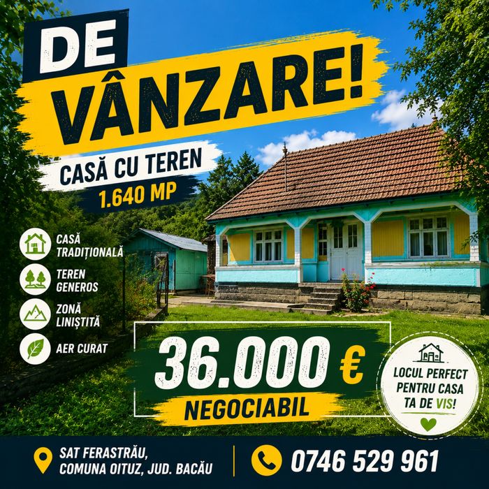 Casă de vânzare cu teren 1.640 mp – Sat Ferastrău, Comuna Oituz, jud. Bacău