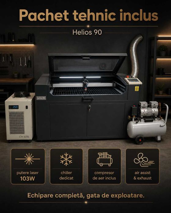 Productie publicitara - Laser profesional CO2 Helios 90 cu RATE lunare - 103W, masă 600×900 mm, chiller + compresor, impecabil