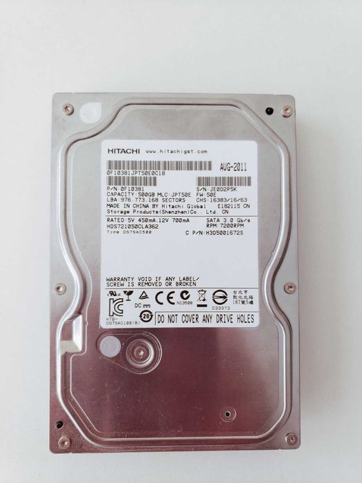 Жесткий диск 3.5" Hitachi 500 Гб SATA. Проверен! 100% здоровье!
