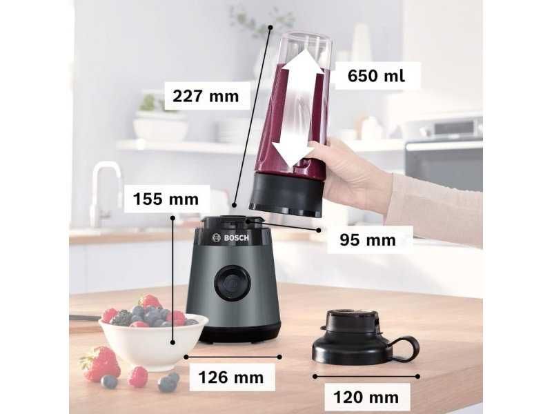 Мощен Мини Блендер за Смути Bosch MMB2111S - 450W, 0.6л, Черен