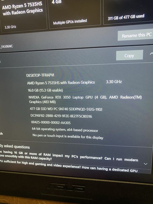 Laptop Gaming Asus Tuf A 15 Ryzen + RTX