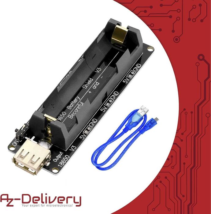 AZDelivery Разширителен щит за батерия, 18650, V3, с USB кабел