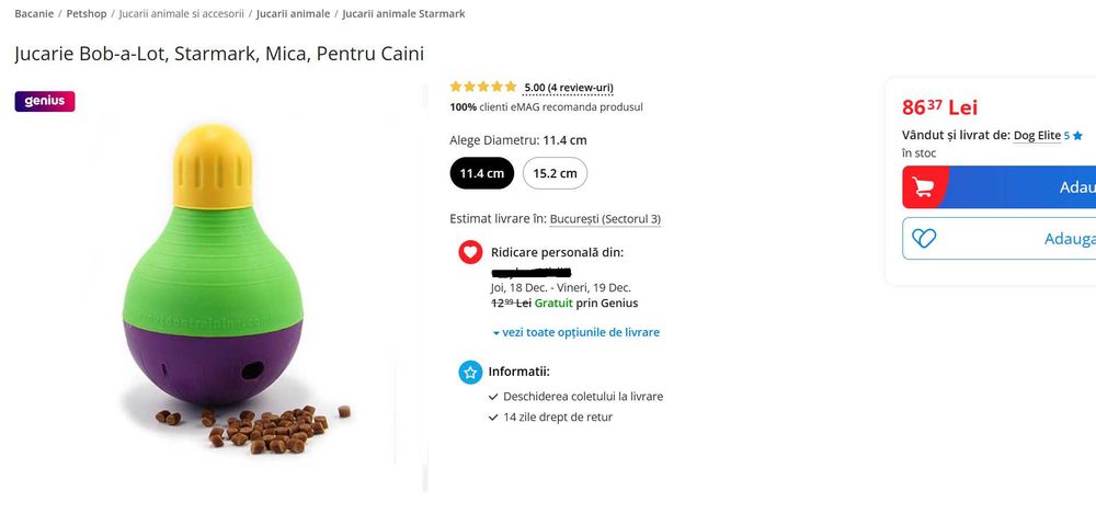 Jucarie pentru caine, Bob-a-Lot, Starmark, Mica (diametru 11.4cm)