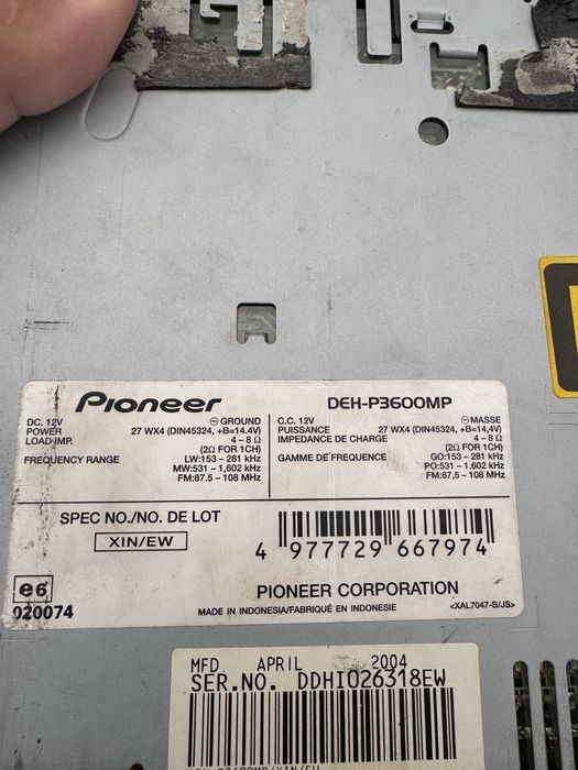 Pioneer Mosfet 50wx4 radio /cd wma/ mp3