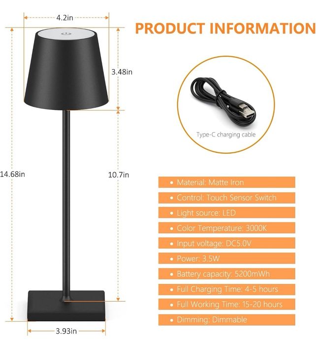 Комплект две LED безжични настолни лампи, преносими USB C акумулаторни
