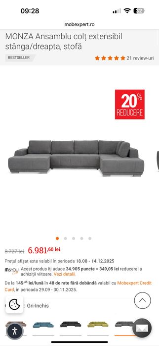 Colțar extensibil Monza Mobexpert gri