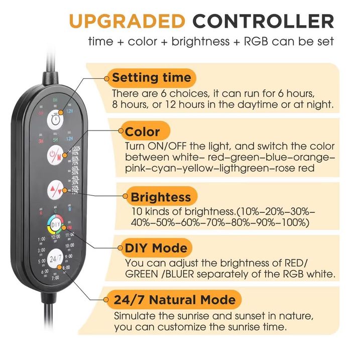 LED осветление за аквариум пълен спектър 10W 24/7 таймер  18–30см