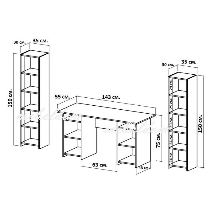 Бюро 143см. с 2 плавни врати и 2 етажерки с плавни врати(код-0915)