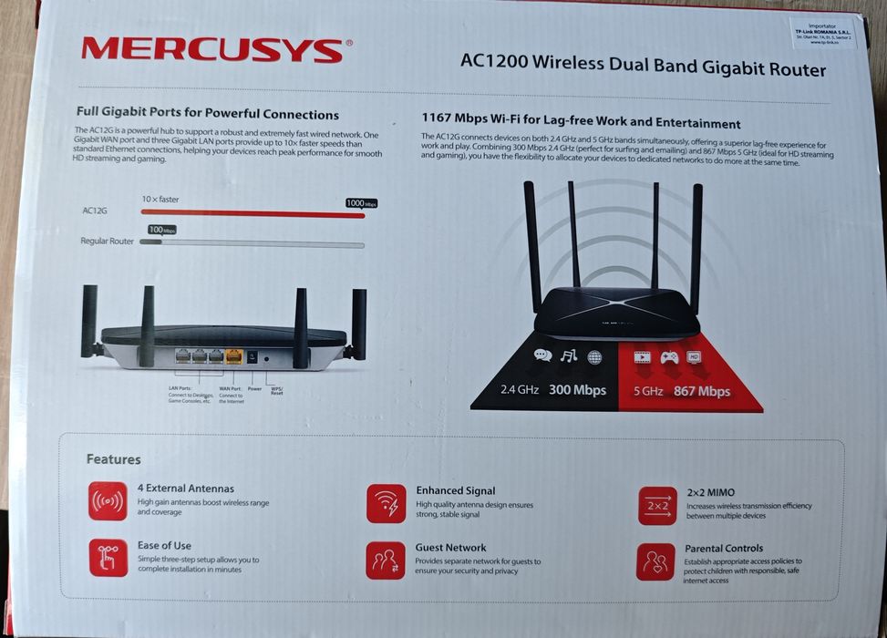 Router Mercusys AC12G AC1200 Gigabit, Dual Band 2.4/5GHz, cutie originală