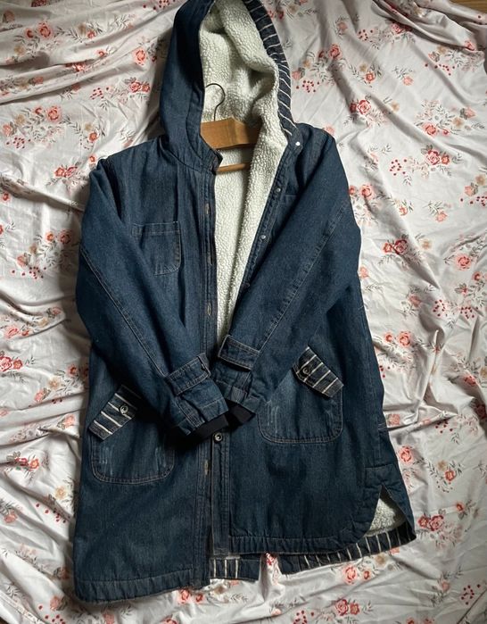 geaca vintage de denim/blugi cu gluga si blanita