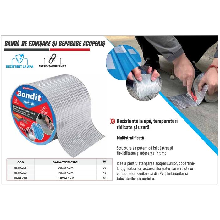 Bandă autoadezivă Bondit pt reparații țevi , scurgeri de apă,  acoperișuri  având dimensiuni de 50mm lat x2 metri lung. Cu carte de instrucțiuni