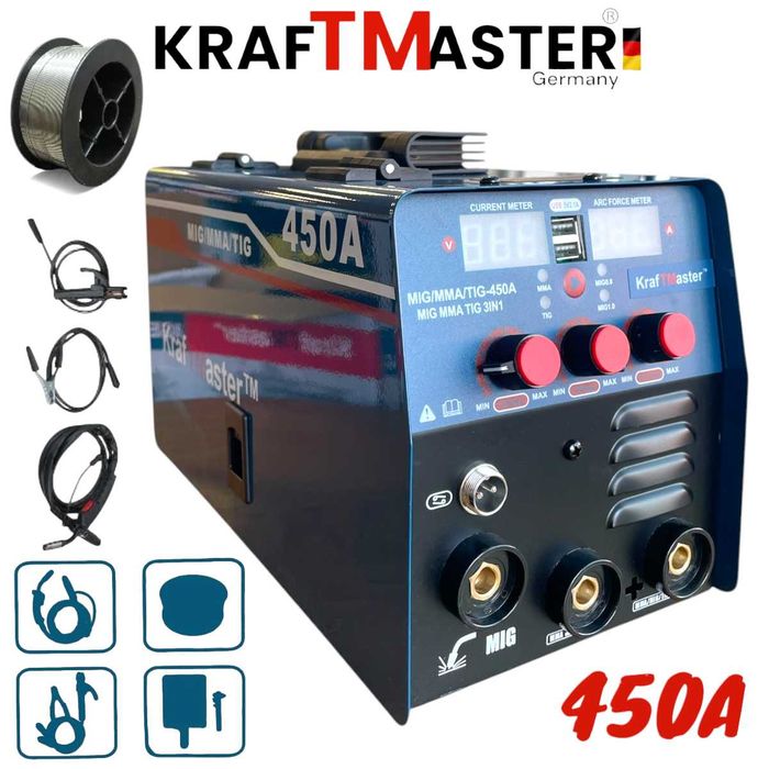 Телоподаващо и  Инверторен Електрожен Професионал 2в1 450А KRAFTMASTER