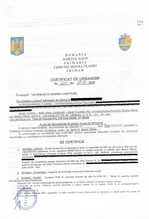 Teren situat la 30Km de Bucuresti, in centrul comunei Moara Vlasiei