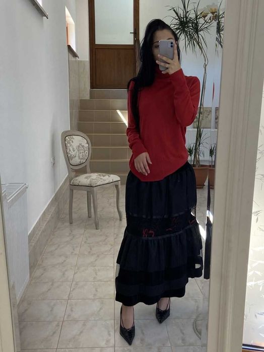 Fusta midi Agnes Toma - CU ETICHETA (catifea neagra si dantela)