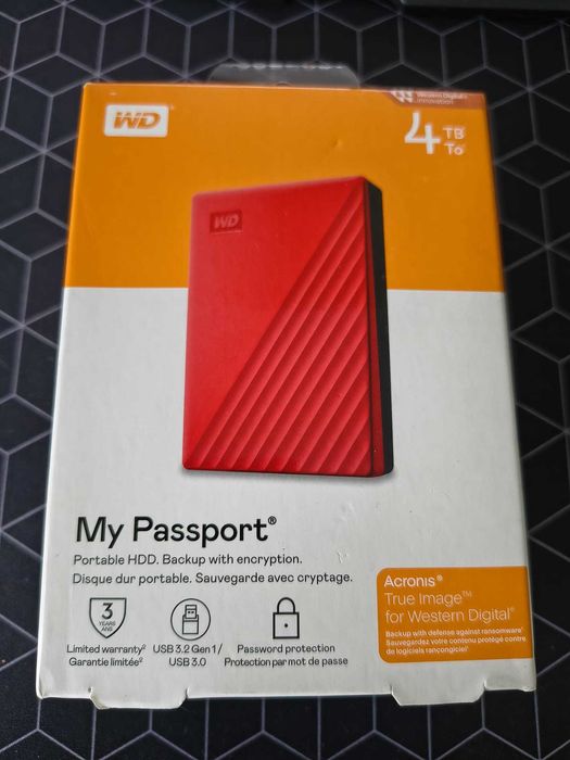 HDD extern WD My Passport 4TB, 2.5", USB 3.2 Gen1, Rosu Sigilat