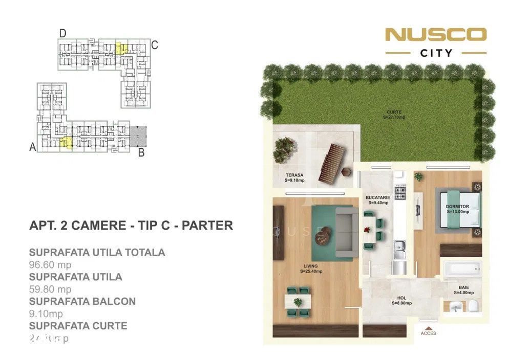 2 Camere Nusco City | Birou/Residential | Gradina Privata 37 MP| Drape