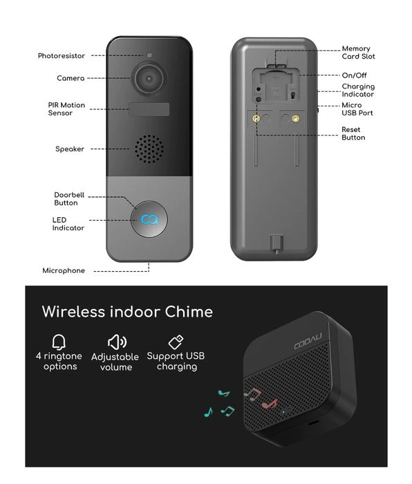Soneria video Wi-Fi de securitate COOALU, rezoluție 2K