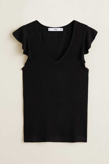 Mango нова черна рипсена блуза с къси набрани ръкави