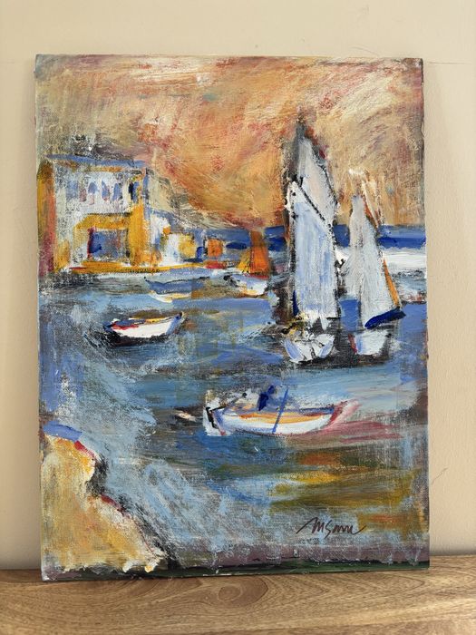Tablou marin cu bărci și veliere, pictură originală acril pe pânză panel, 30 × 40 cm, artă modernă