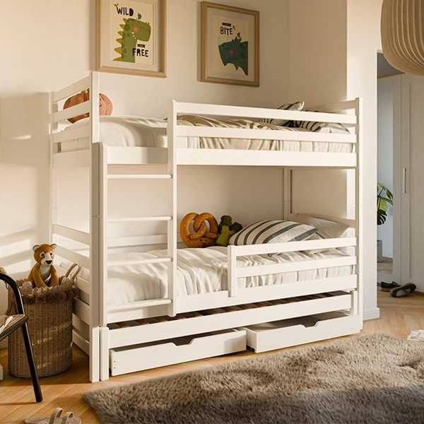 Pat NOU cu etaj, pentru 3 copii, lemn masiv 200x90 cm