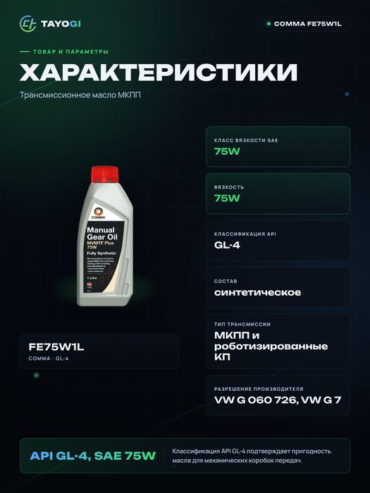 Трансмиссионное масло Comma Mvmtf Plus 75W, 1 л