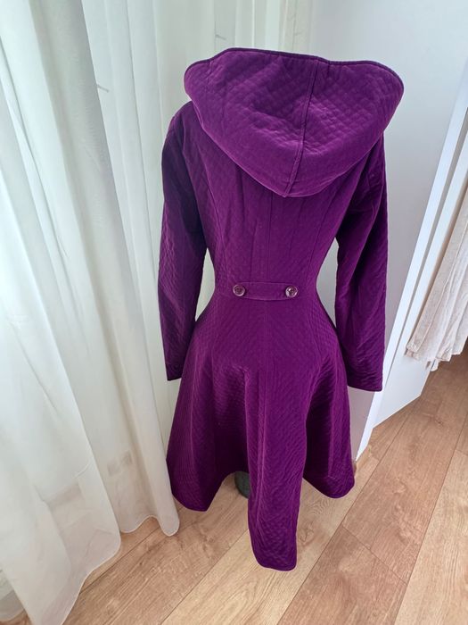 Palton mov cu glugă, matlasat, din catifea, model swing, Collectif XS