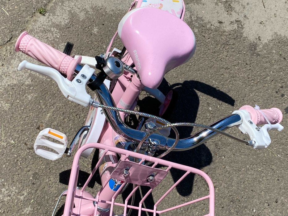 Bicicletă fetițe 2-4 ani, 12”, roți ajutătoare, coș/portbagaj metalic