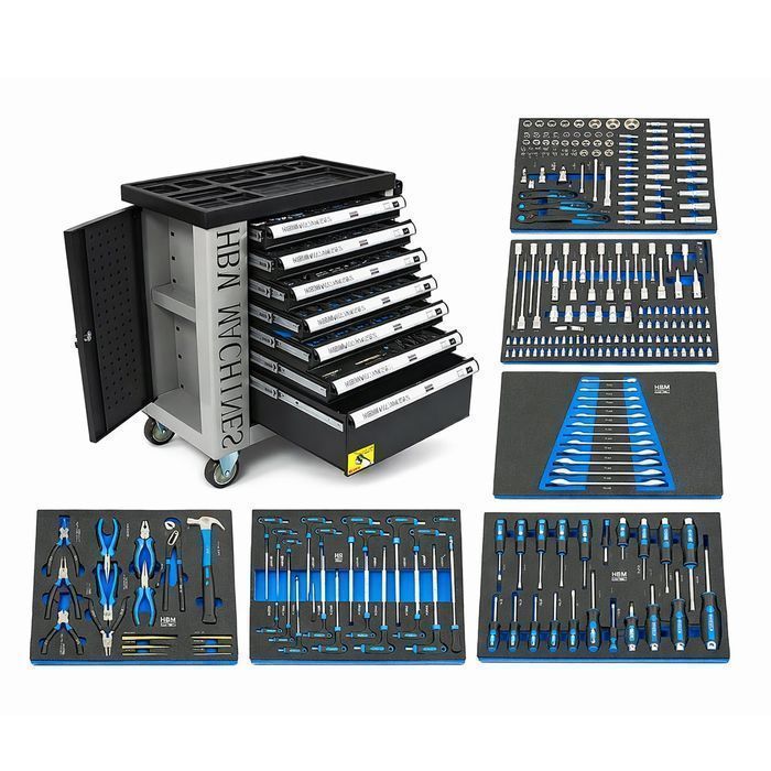 Dulap scule profesional hbm cu 7 sertare, 245 piese, 6 module carbon -