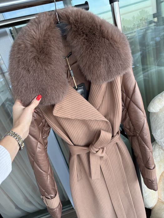 Стилно дълго палто с естествен косъм лисица синьо кафяво