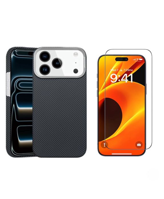 Iphone 17 Pro 17 Pro Max Husa Fibra Carbon Covered + Folie Sticla Full Edge