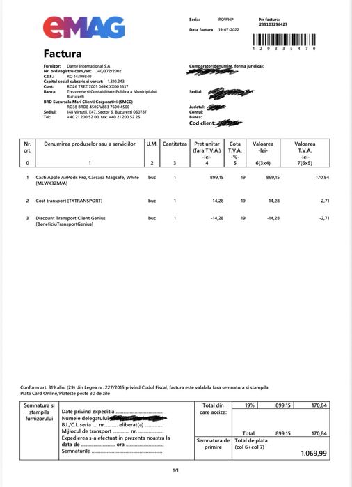 Apple Airpods Pro generația 1 originale (cu factura), magsafe, full box