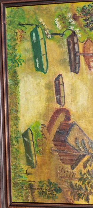 Tablou pictat manual pe pânză, peisaj rustic, ramă lemn, vintage (Austria)