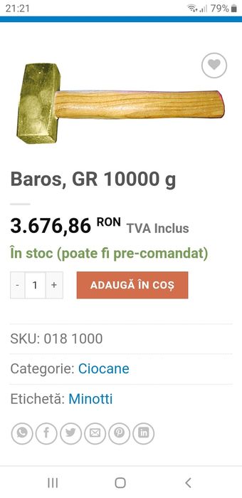 Baros/ciocan  antiex de 10 kg. din bronz