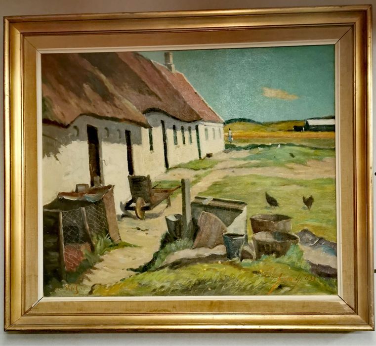 Картина платно рамка паспарту пейзаж селска къща авторска подписана