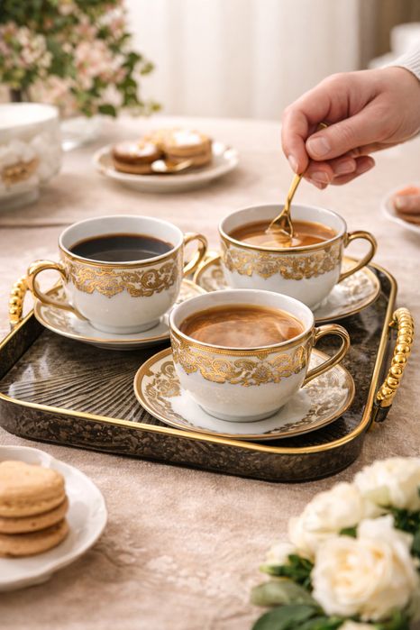 Set cesti cafea ceramica cu farfurioare, 12 piese, alb cu auriu, pentru 6 persoane, model elegant, ideal cadou