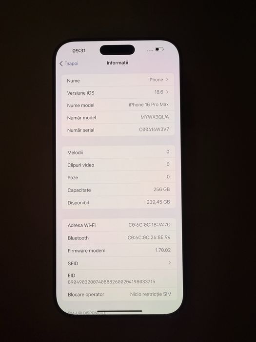 Iphone 16 Pro Max ~ 256GB ~ 92% Baterie ~ Impecabil