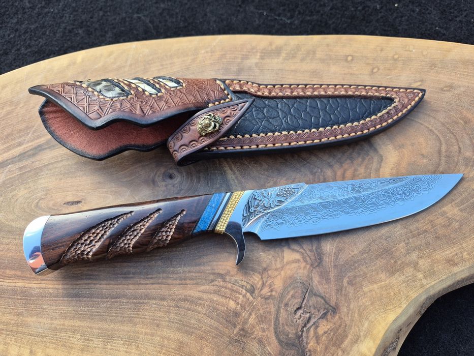 Ръчно изработен ловен нож дамаска стомана с кожена кания LN432