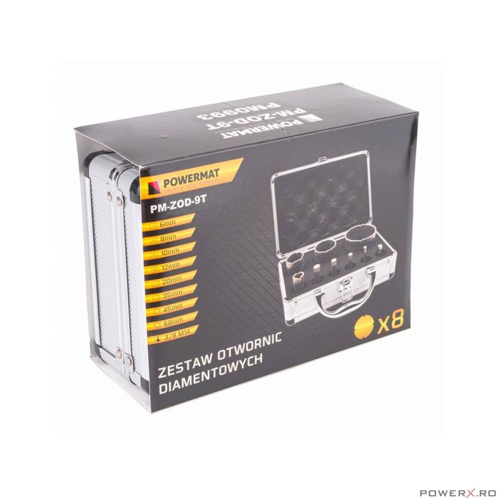 Set 9 piese freze diamantate si adaptor, M14/HEX, Powermat