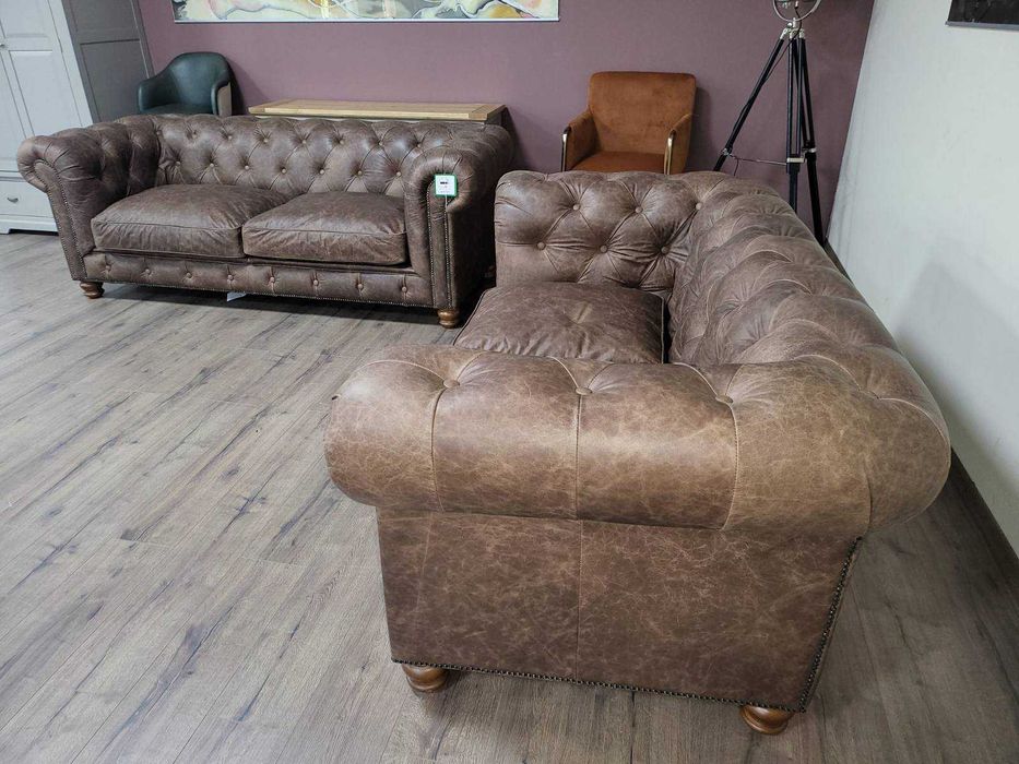 Антично кафяв кожен комплект тройка и двойка Честърфийлд