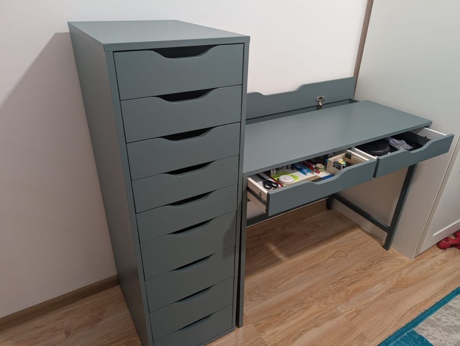 Set birou Ikea Alex, birou + dulap cu sertare, culoare gri inchis-turcoaz, in stare buna