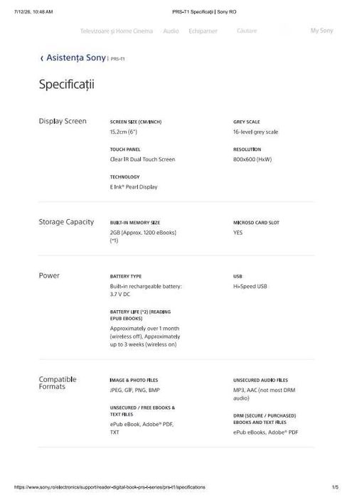 E-reader Sony PRS-T1